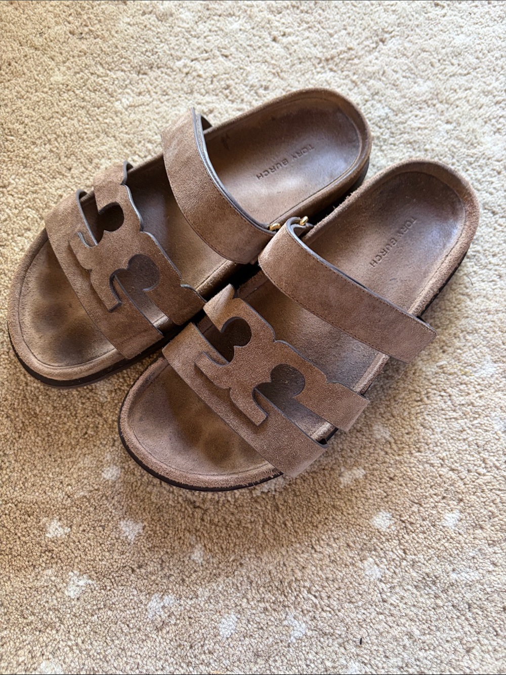 Tory Burch Tan Suede Double-Strap Slide Sandals